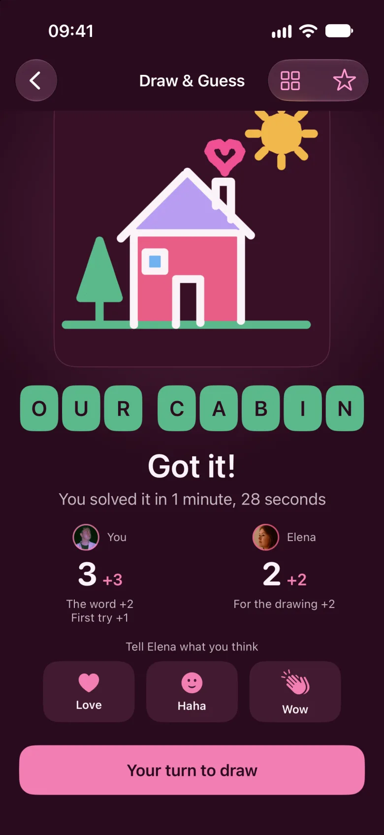 Draw & Guess after a correct guess. Elena drew their cabin, and both partners got points.