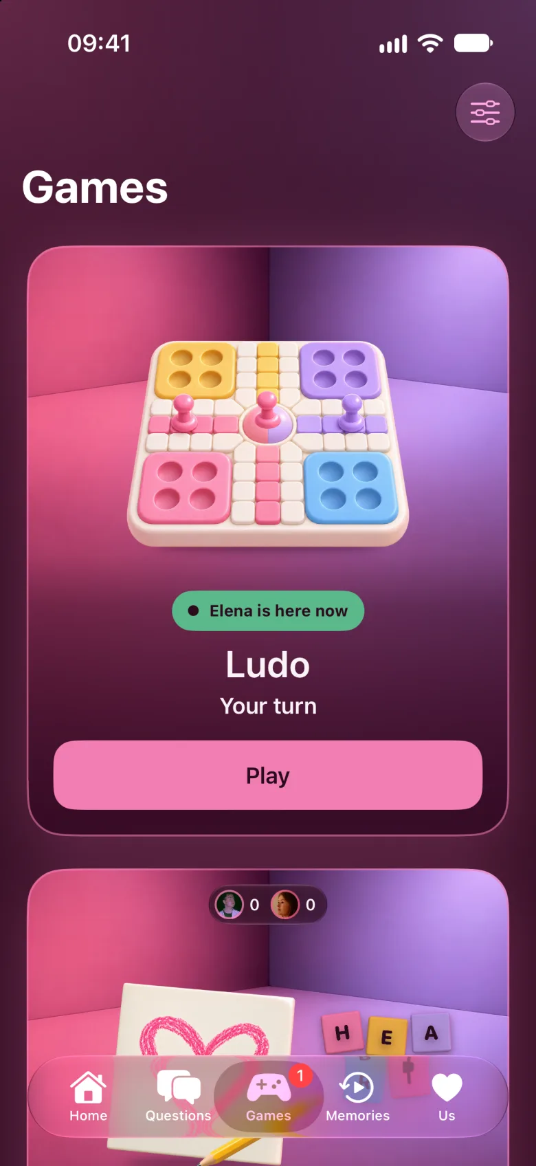 The Games tab, with Ludo on top. A green label says Elena is here now, and it is your turn.