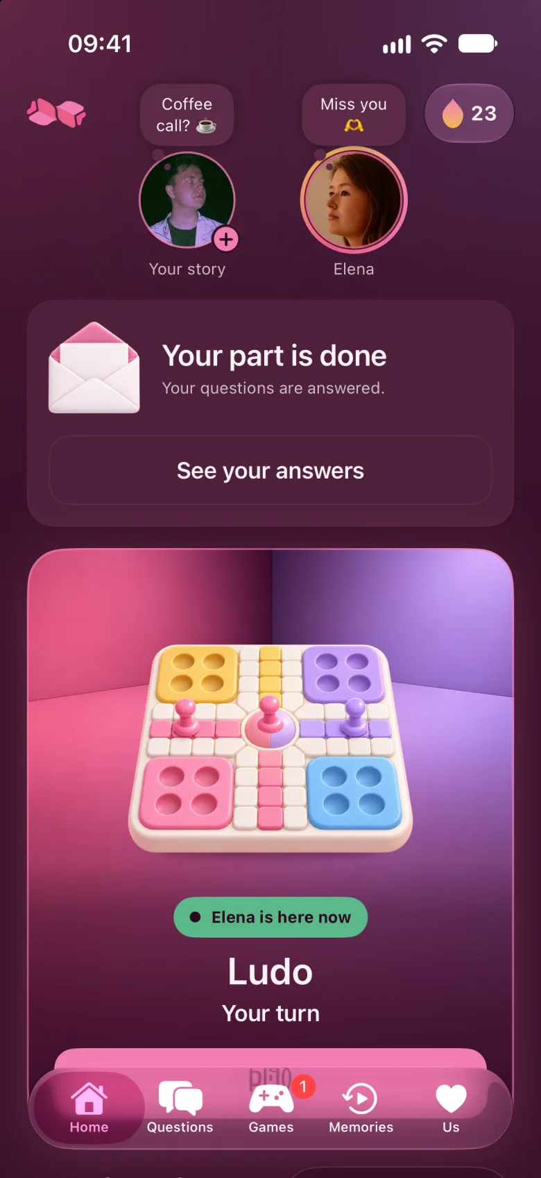 The home screen while Elena has Ludo open. A card says Elena is here now and it is your turn.