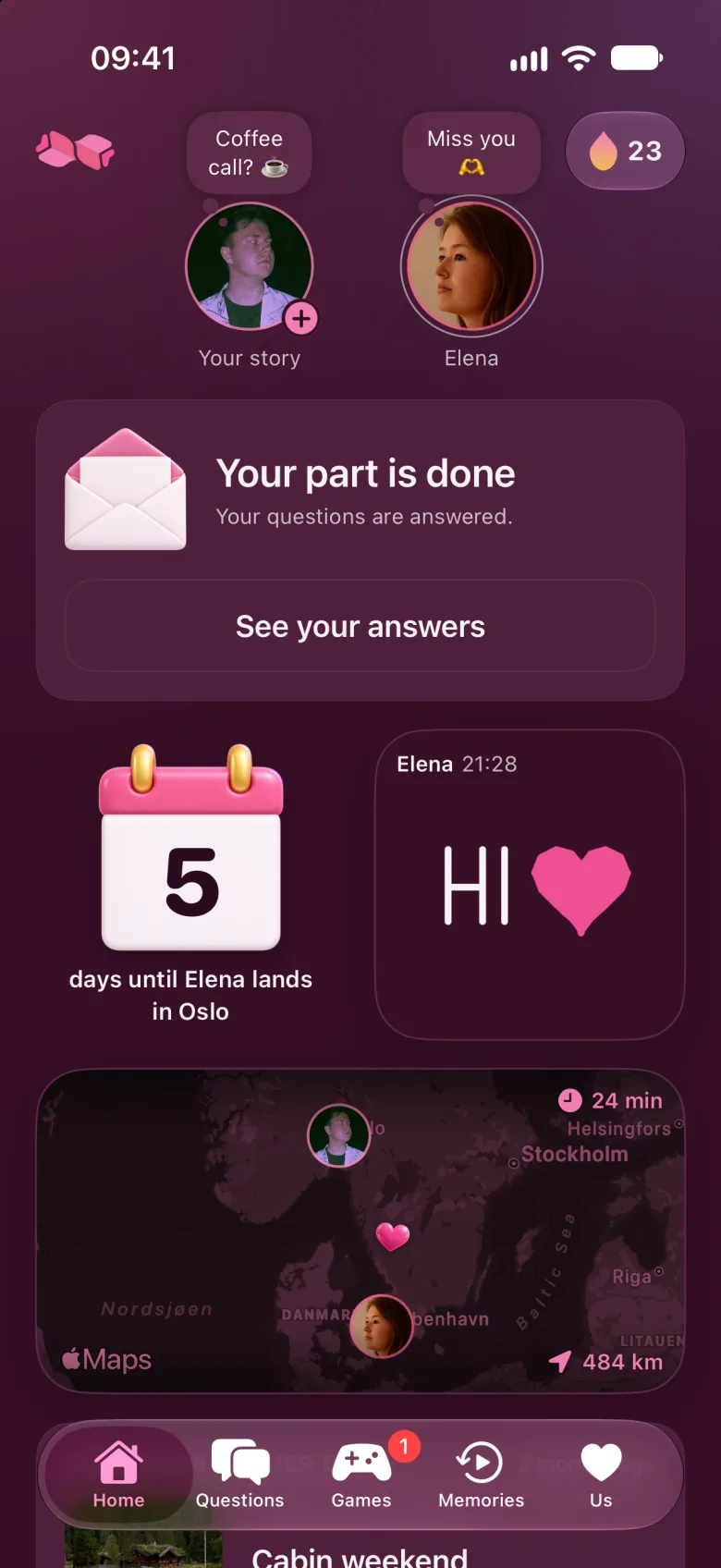 The Paeonia home screen with both partners' photos and notes, a countdown to the next visit, a shared drawing, and a map.