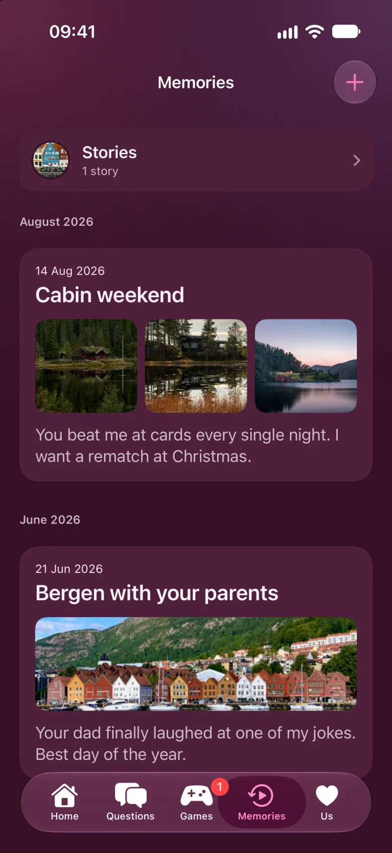 A timeline of shared memories with photos from a cabin weekend and a trip to Bergen.
