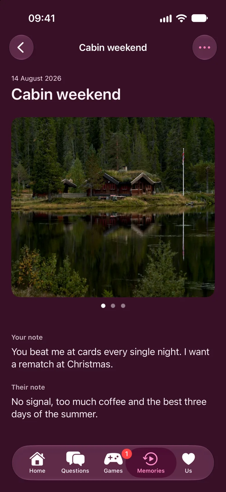 The cabin weekend memory with a photo of a cabin by a lake and a note from each partner.