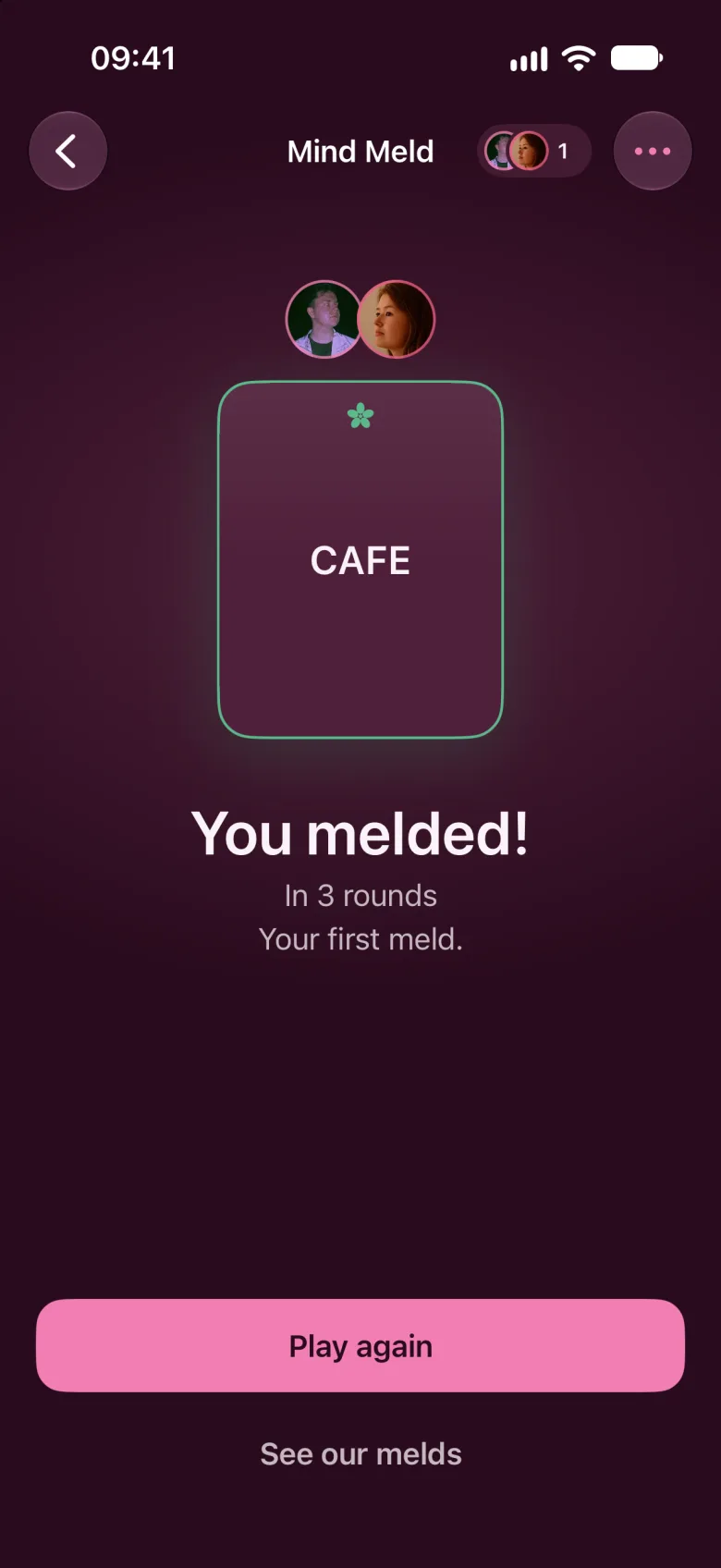 Mind Meld after both partners wrote the same word, cafe, in round three.