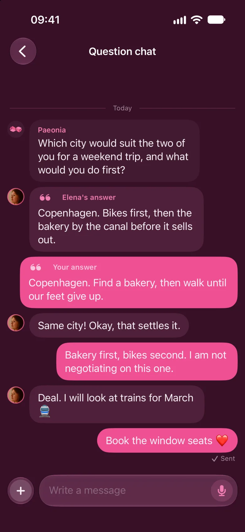 A chat about where to go for a weekend. Both partners answered Copenhagen and are planning the trip.