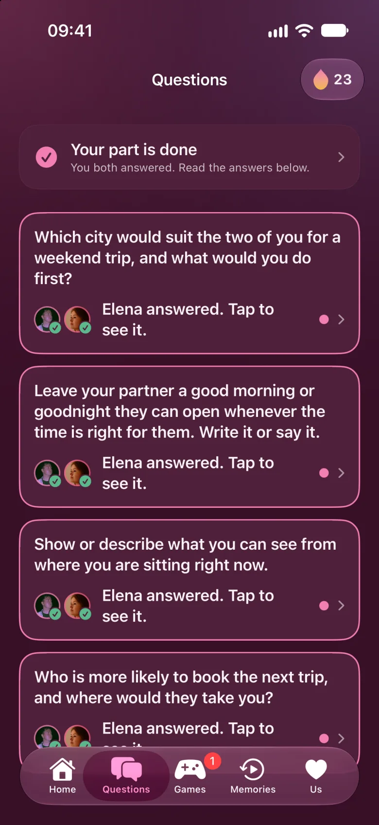 Today's questions. Both partners have answered, and Elena's answers are new.
